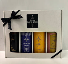 Limited edition gift box featuring four unique 5-ounce sauces, including Bluto's Liquid Gold Hot Sauce.