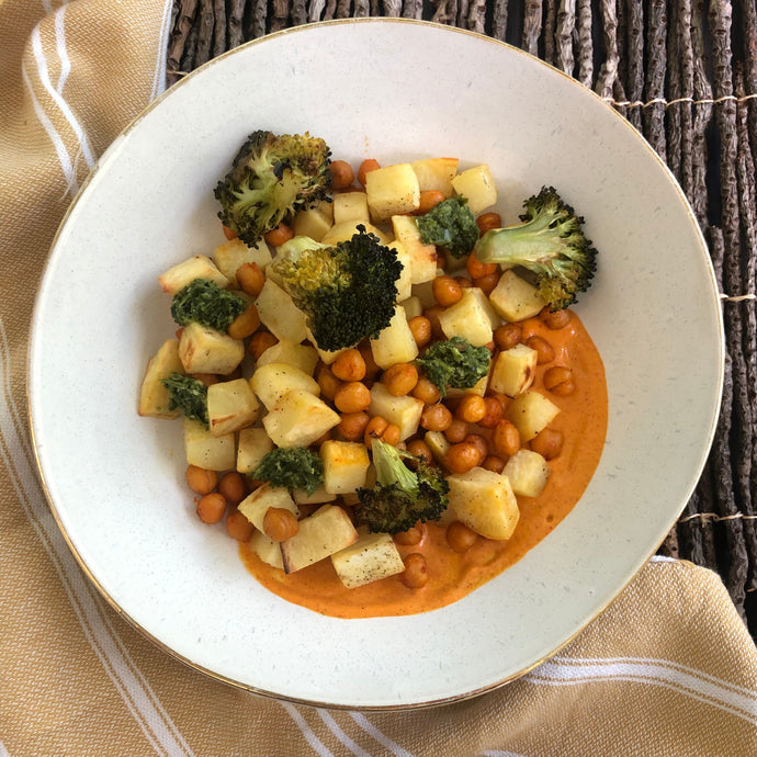Hatch Roasted Chickpeas with Broccoli & Sweet Potatoes