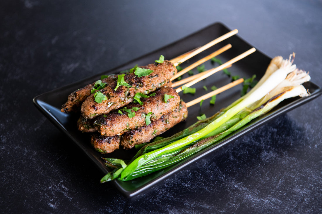 Ground Lamb Skewers With Tomato Cucumber Salad